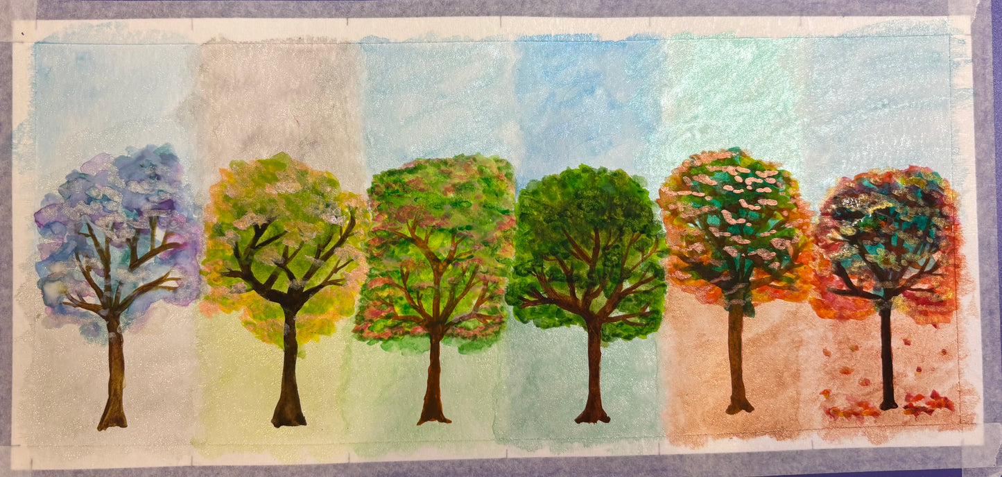 Framed Watercolor - Annual Cycle, Celosia Tree Seasons
