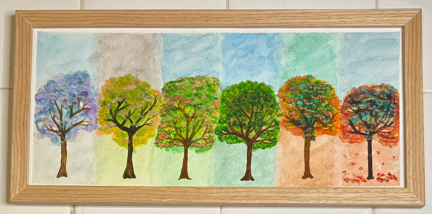 Framed Watercolor - Annual Cycle, Celosia Tree Seasons