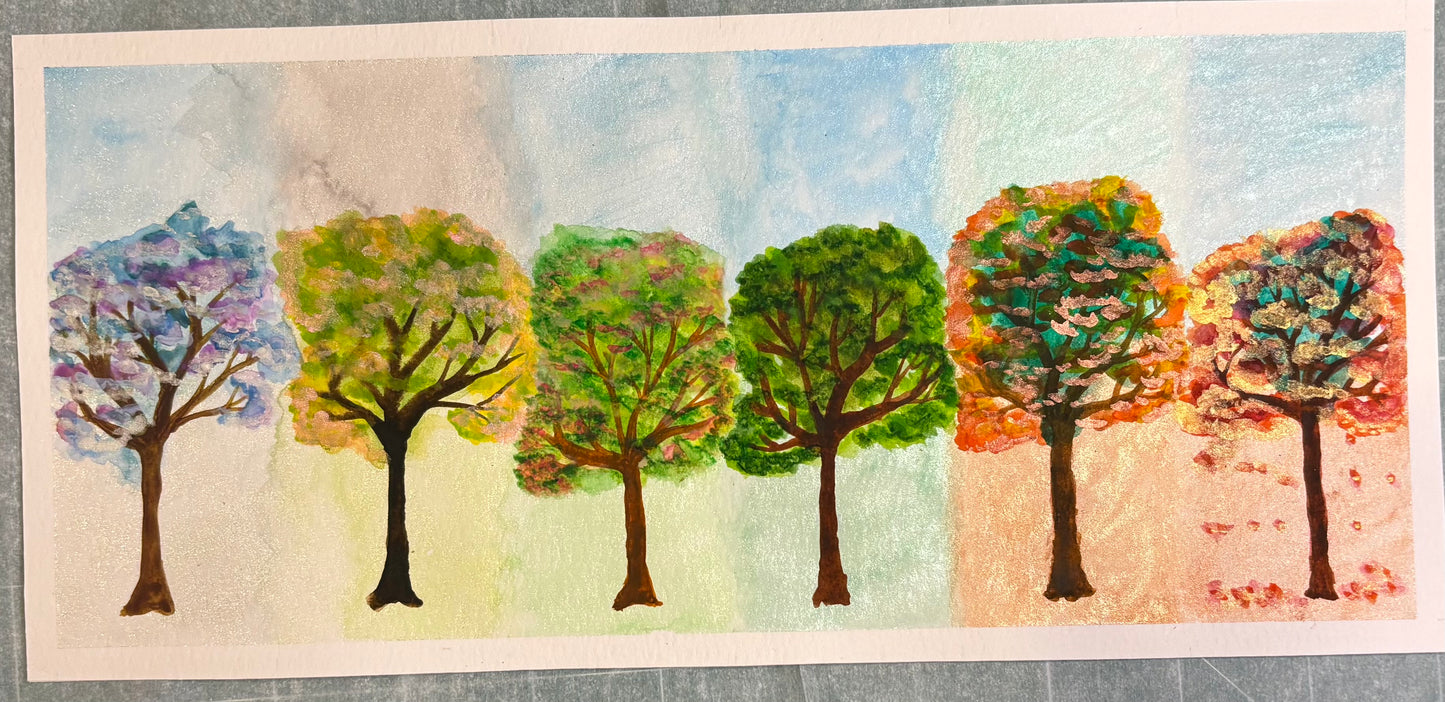Framed Watercolor - Annual Cycle, Celosia Tree Seasons
