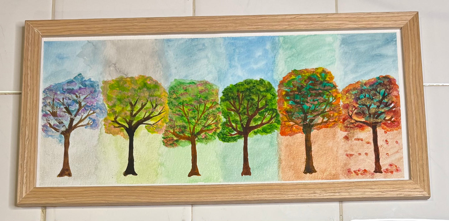 Framed Watercolor - Annual Cycle, Celosia Tree Seasons
